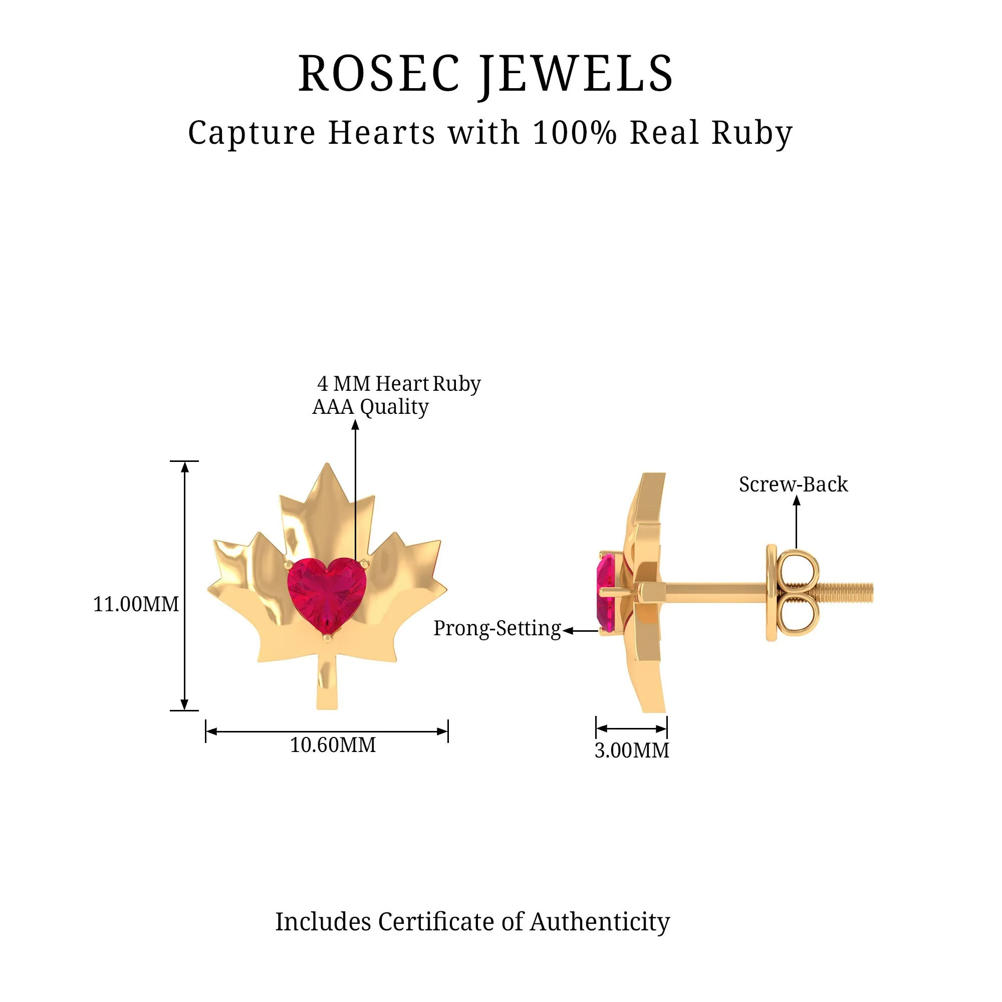 1 CT Maple Leaf Stud Earrings with Heart Shaped Ruby