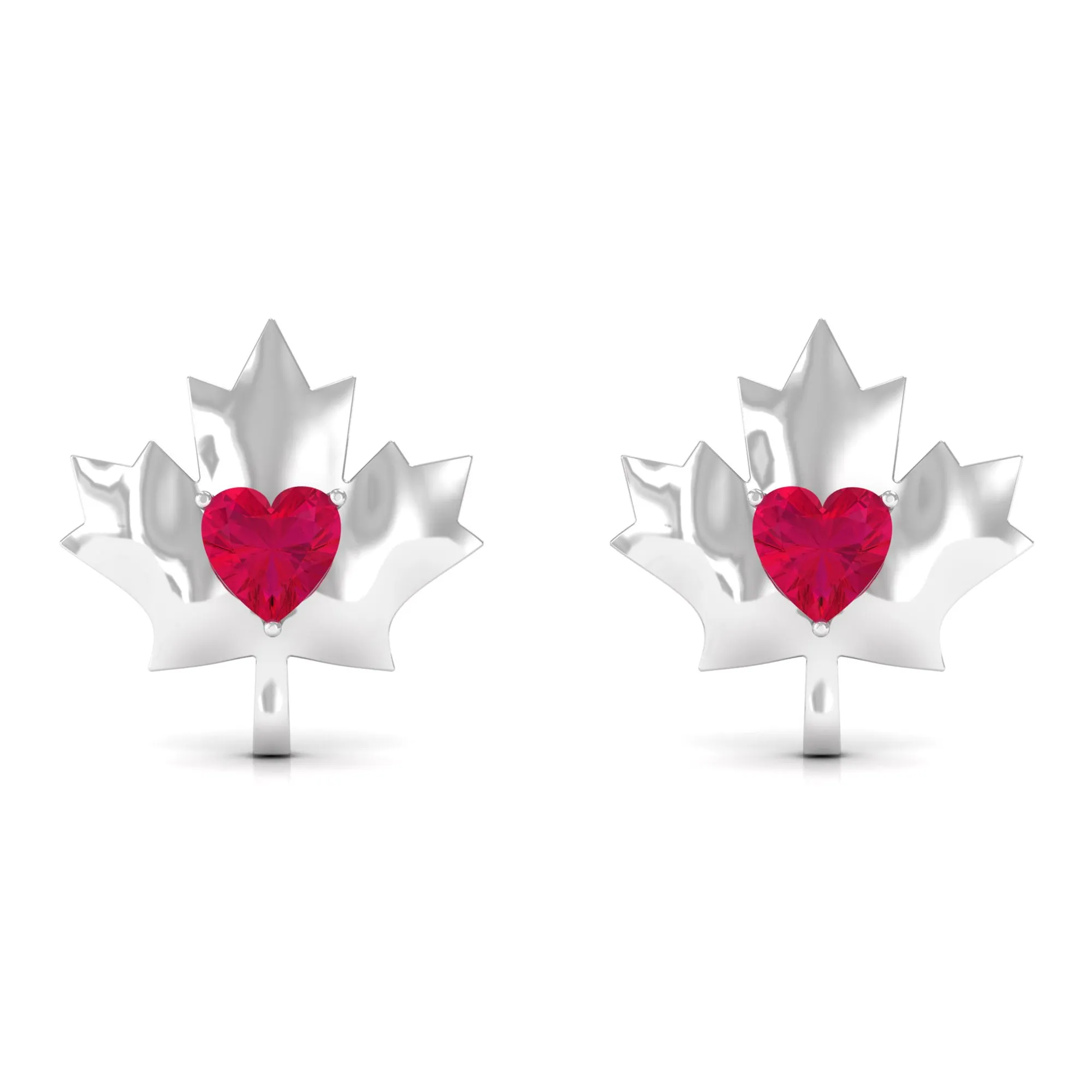 1 CT Maple Leaf Stud Earrings with Heart Shaped Ruby