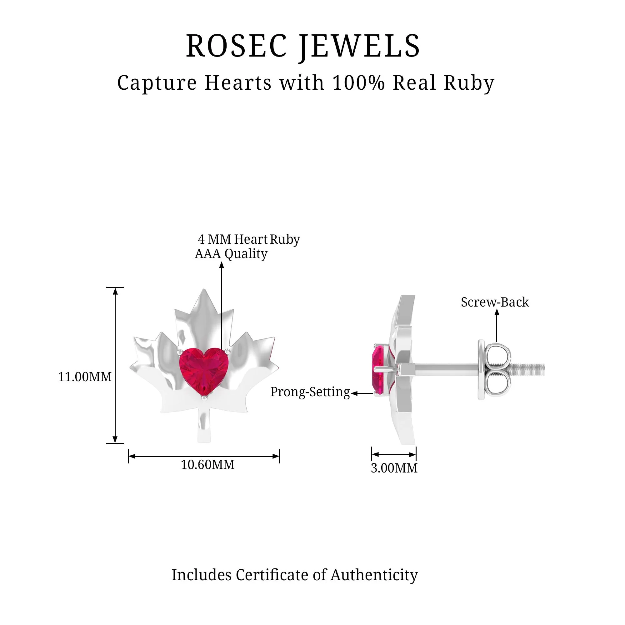 1 CT Maple Leaf Stud Earrings with Heart Shaped Ruby