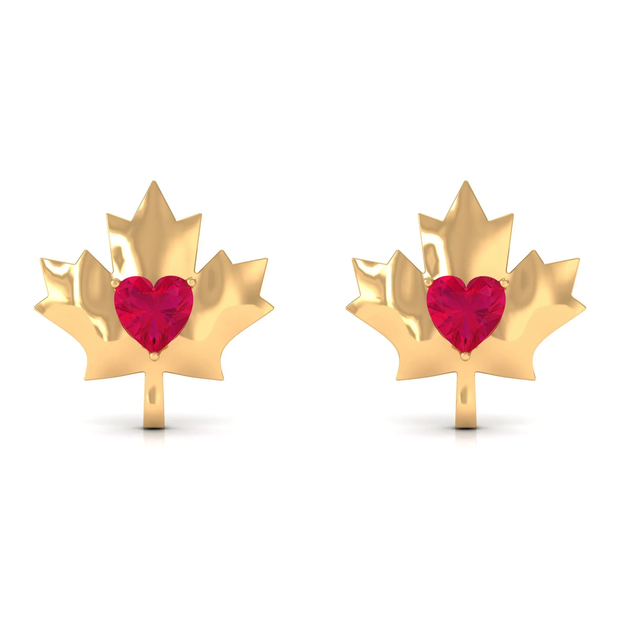 1 CT Maple Leaf Stud Earrings with Heart Shaped Ruby