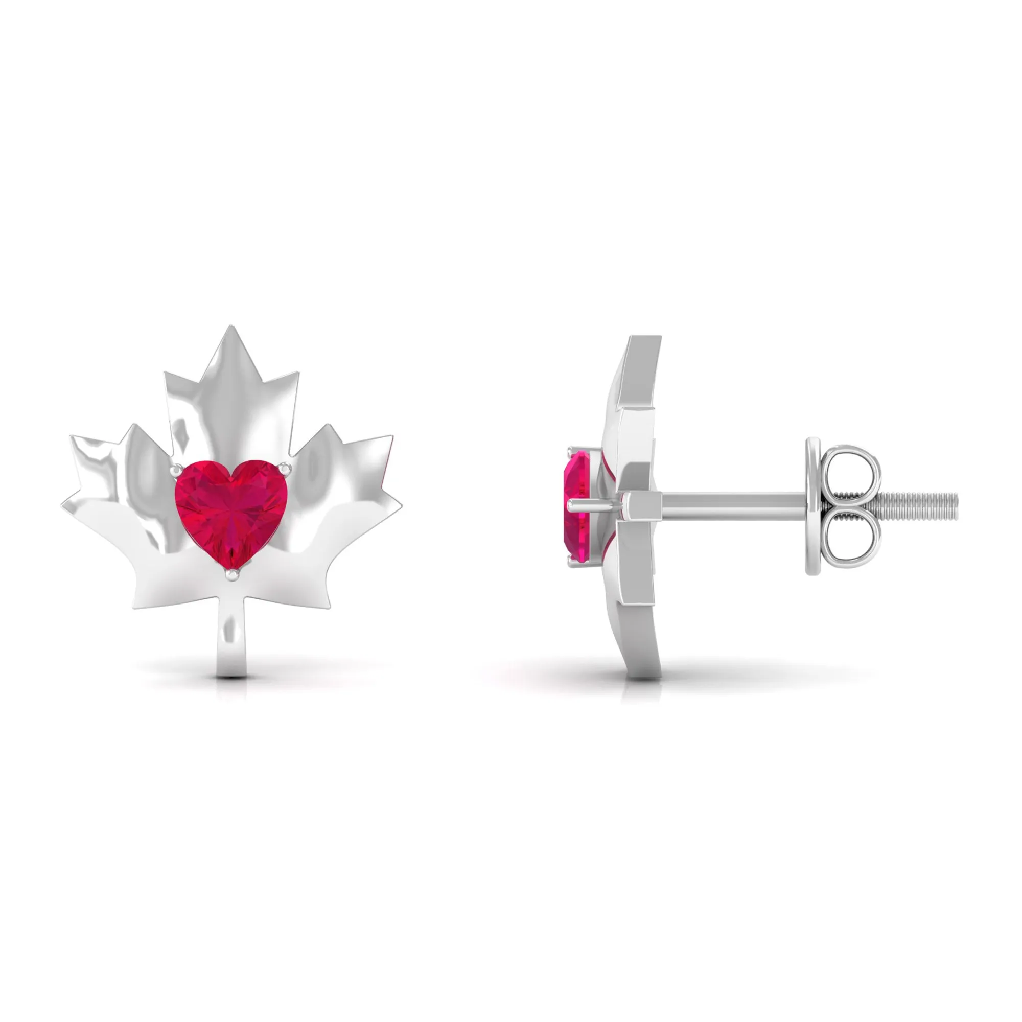 1 CT Maple Leaf Stud Earrings with Heart Shaped Ruby