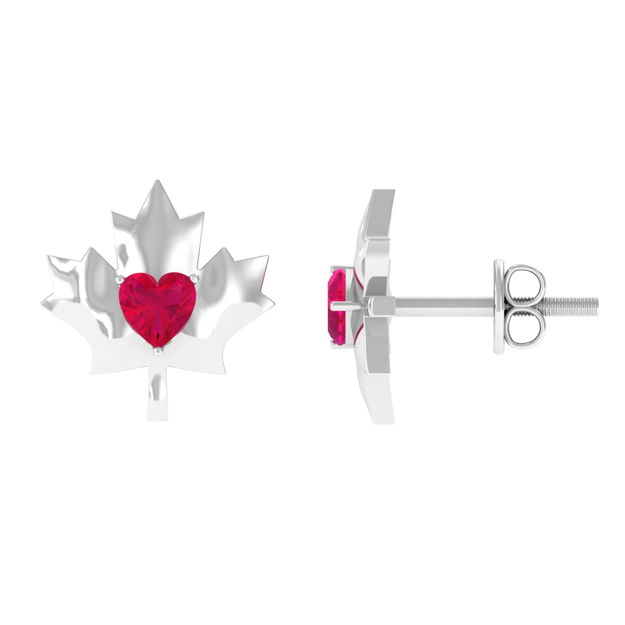 1 CT Maple Leaf Stud Earrings with Heart Shaped Ruby