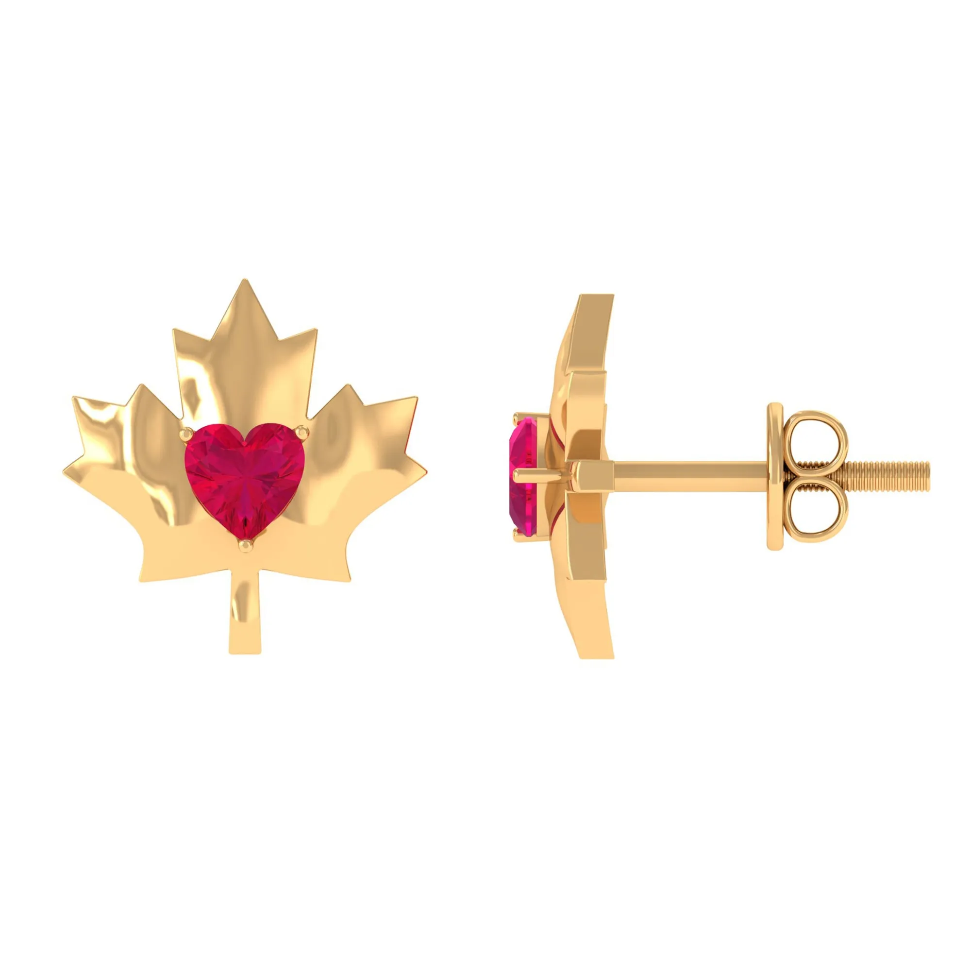 1 CT Maple Leaf Stud Earrings with Heart Shaped Ruby