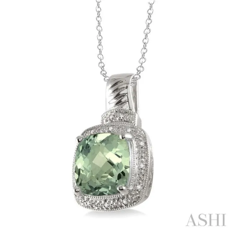 10x10 mm Cushion Cut Green Amethyst and 1/20 ctw Single Cut Diamond Pendant in Sterling Silver with Chain