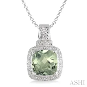 10x10 mm Cushion Cut Green Amethyst and 1/20 ctw Single Cut Diamond Pendant in Sterling Silver with Chain