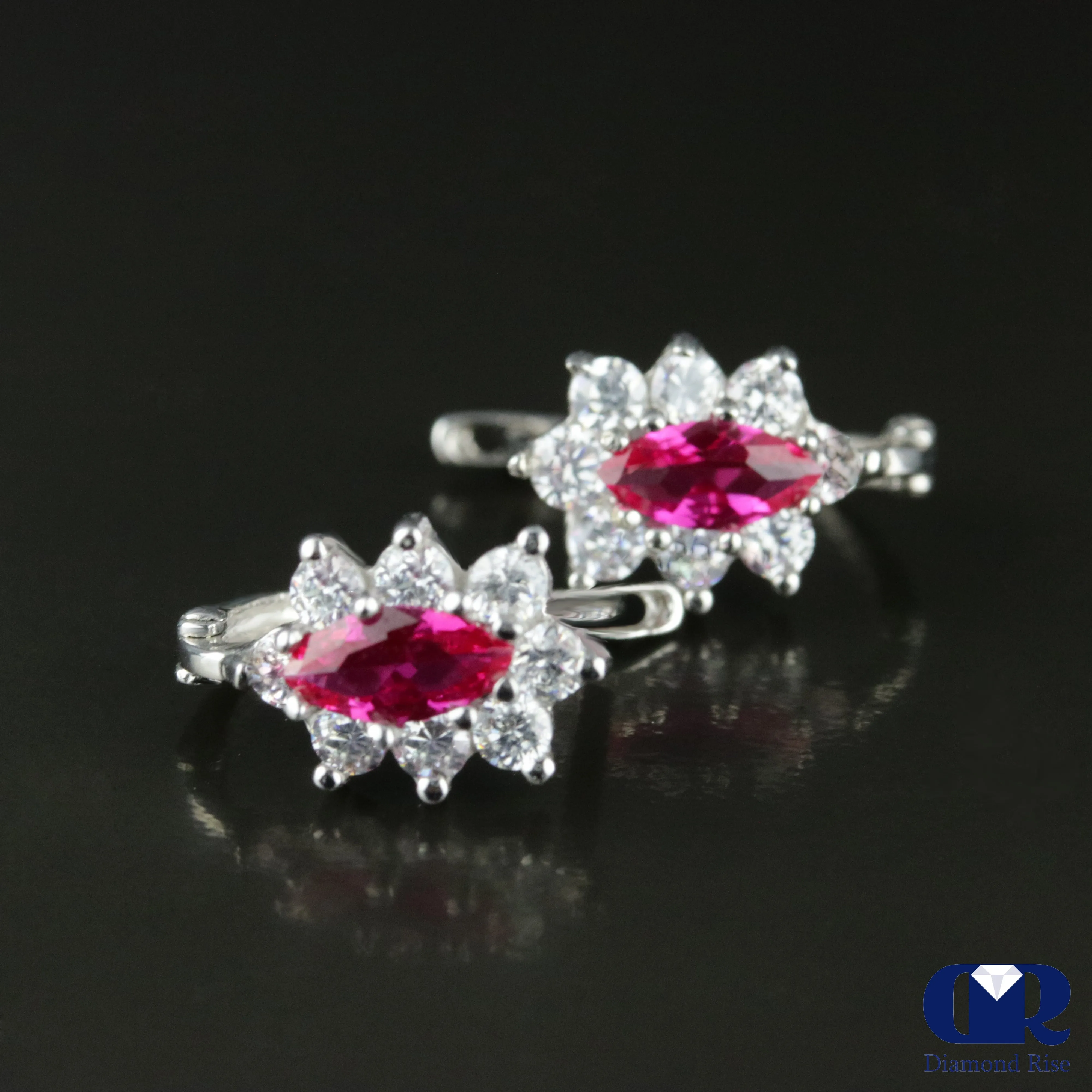 1.28 Ct Marquise Ruby & Diamond Earrings 14K White Gold With Lever back