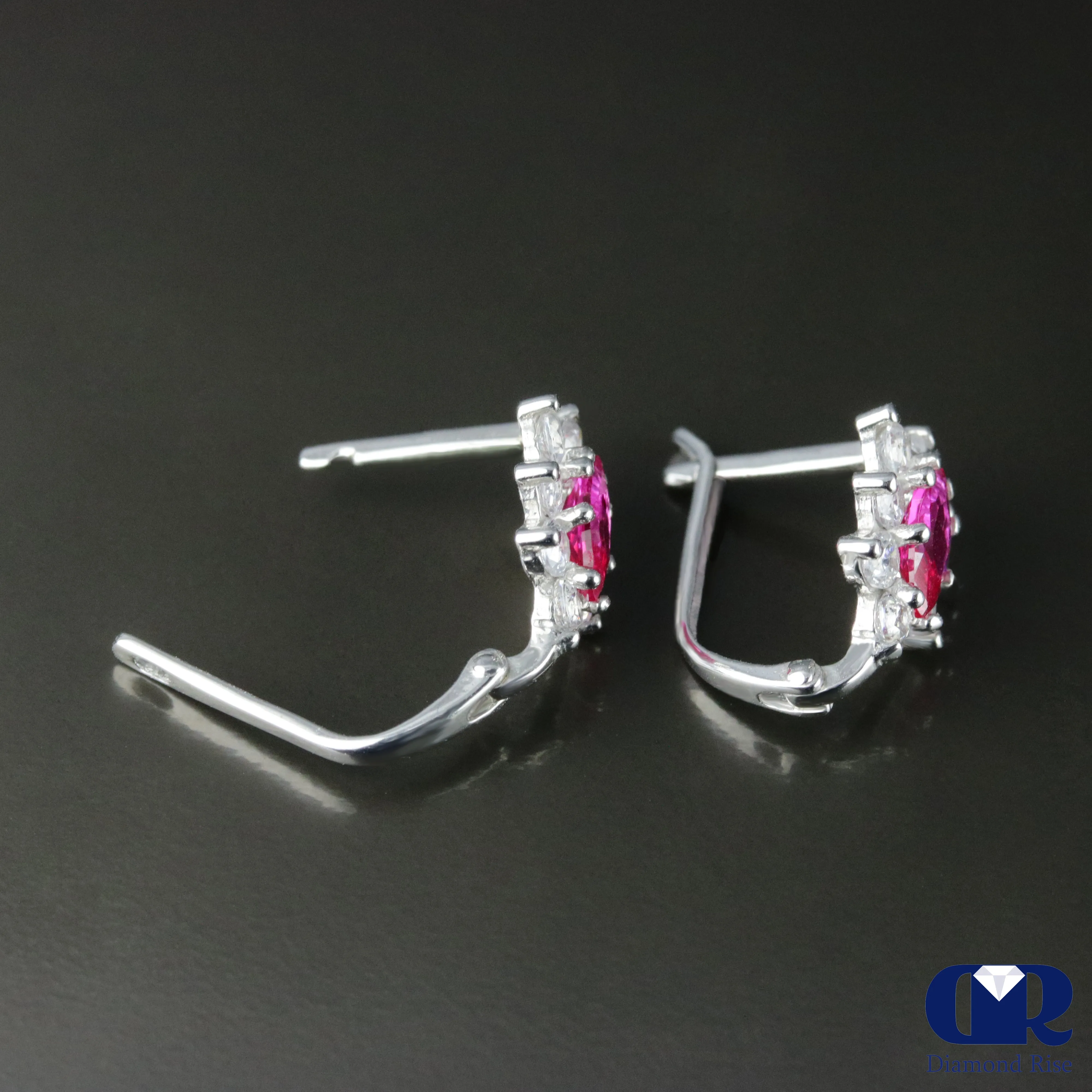 1.28 Ct Marquise Ruby & Diamond Earrings 14K White Gold With Lever back