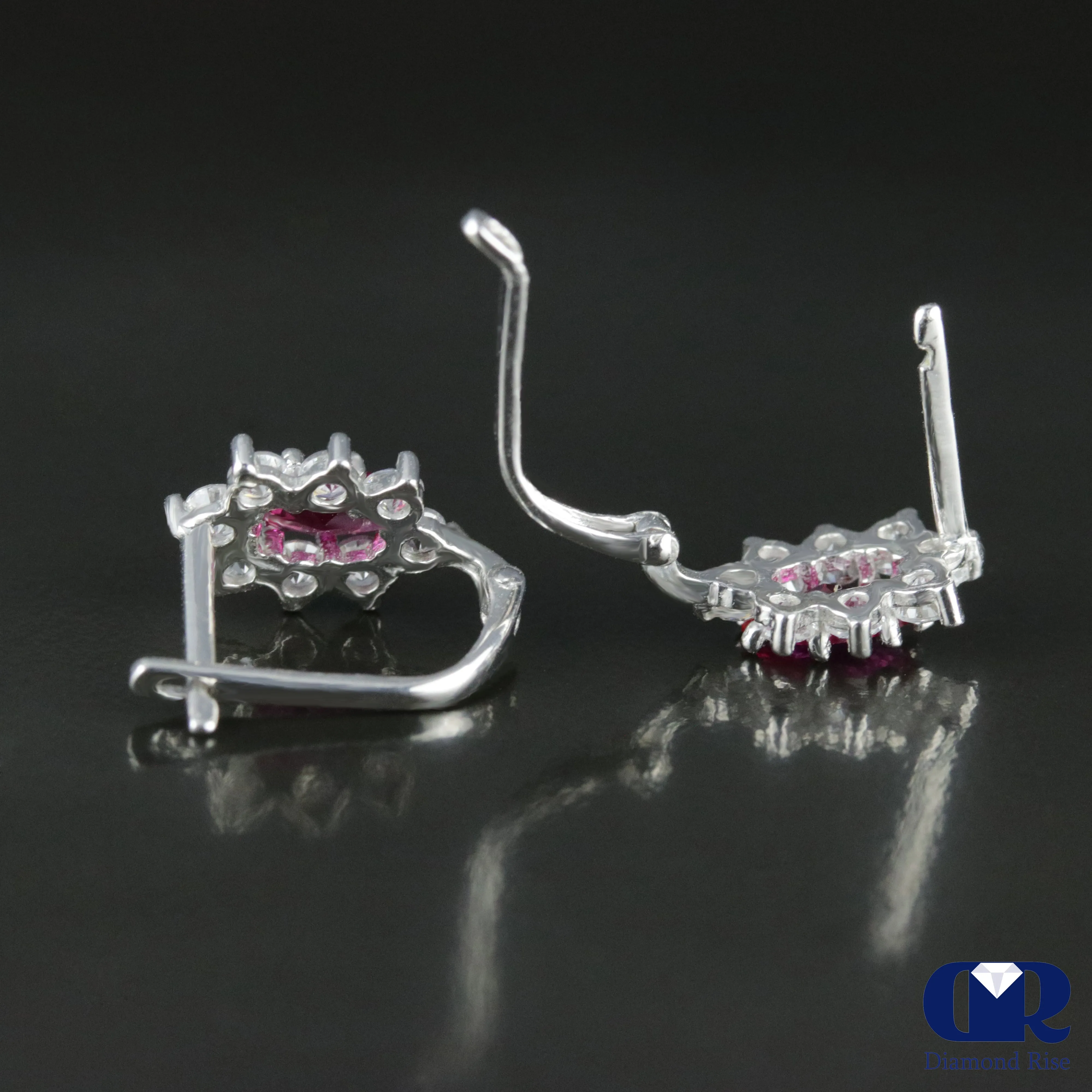 1.28 Ct Marquise Ruby & Diamond Earrings 14K White Gold With Lever back