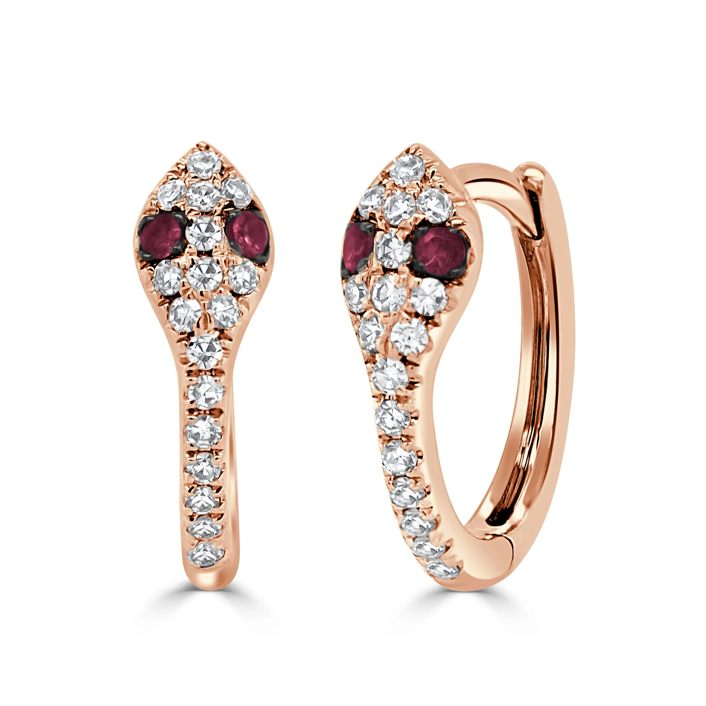 14K Gold Diamond & Ruby Snake Huggie Earrings