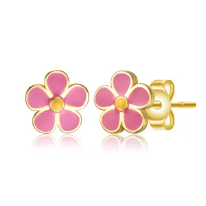 14k Gold Plated Fuchsia-Pink & Yellow Enamel Daisy Stud Earrings