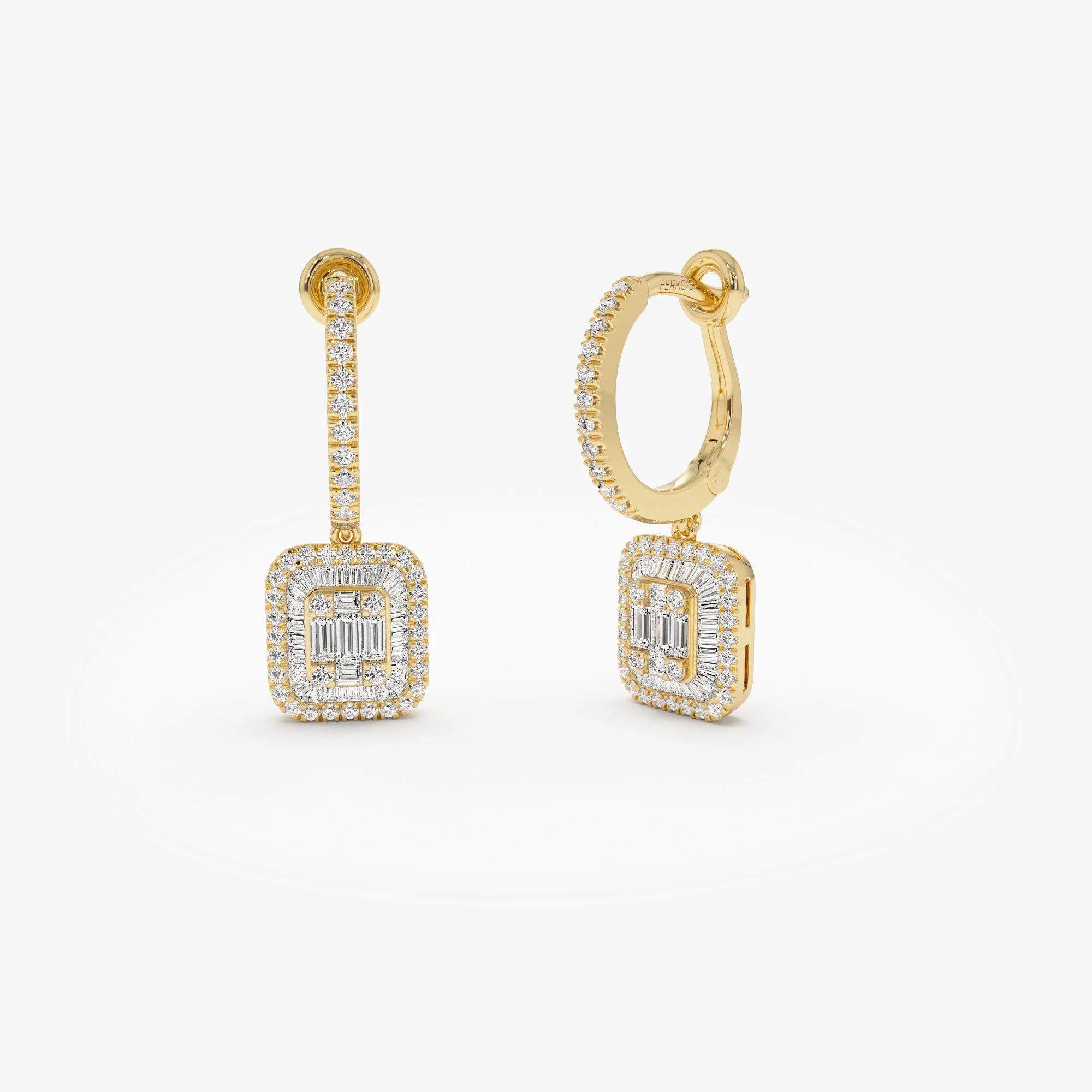 14k Illusion Setting Baguette Diamond Dangling Hoop Earrings