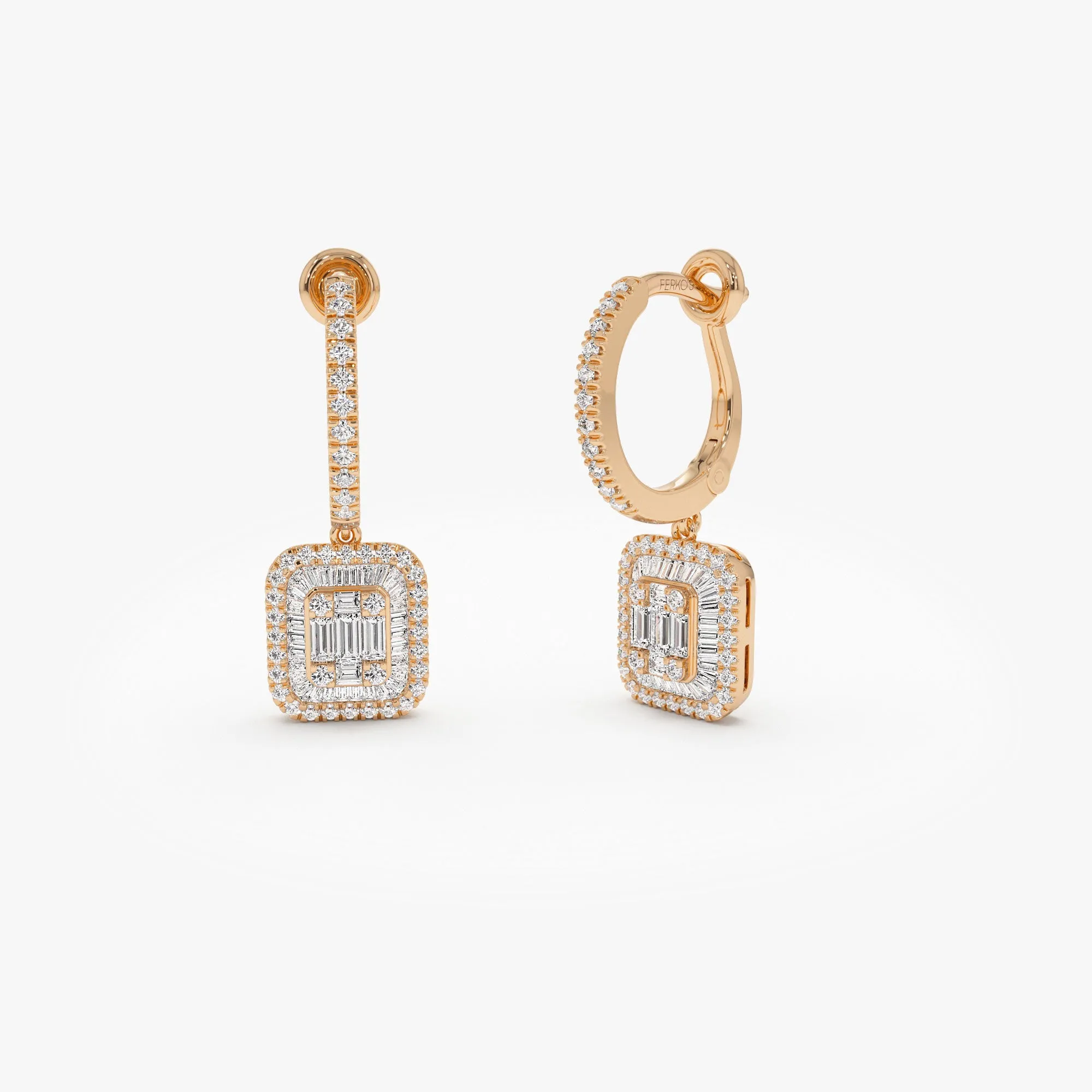 14k Illusion Setting Baguette Diamond Dangling Hoop Earrings