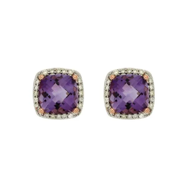 14K Rose Gold Amethyst and Diamond Stud Earrings