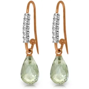 14K Solid Rose Gold Fish Hook Diamond & Green Amethyst Earrings