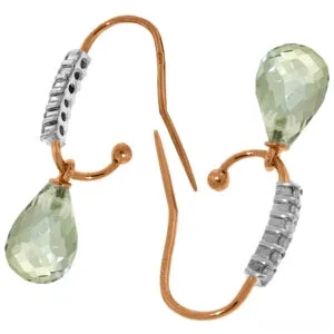 14K Solid Rose Gold Fish Hook Diamond & Green Amethyst Earrings