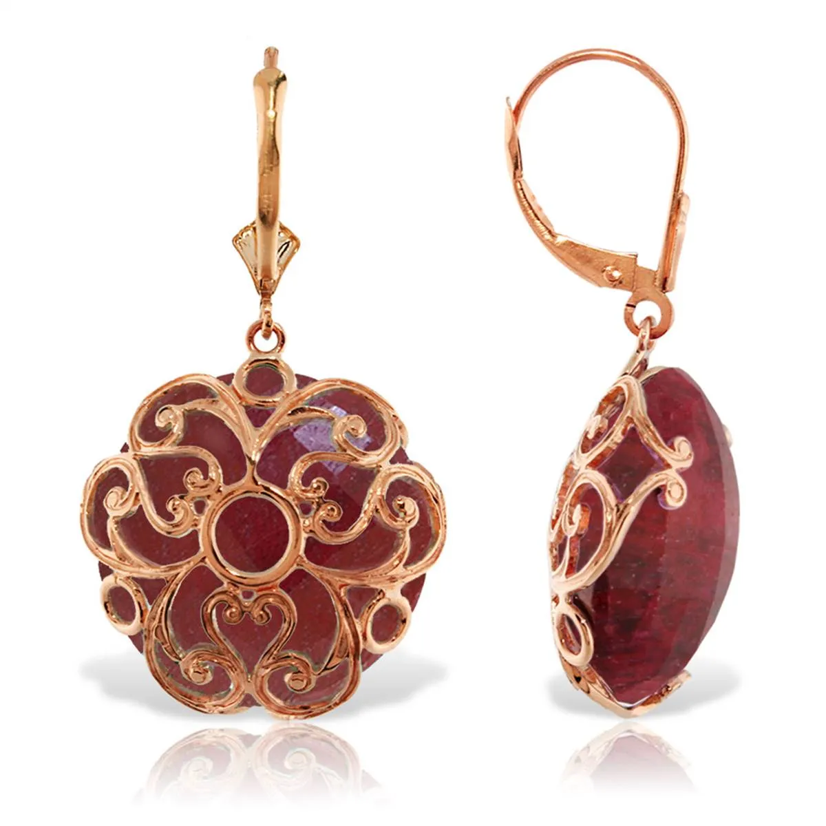 14K Solid Rose Gold Leverback Earrings w/ Checkerboard Cut Round Dyed Rubies