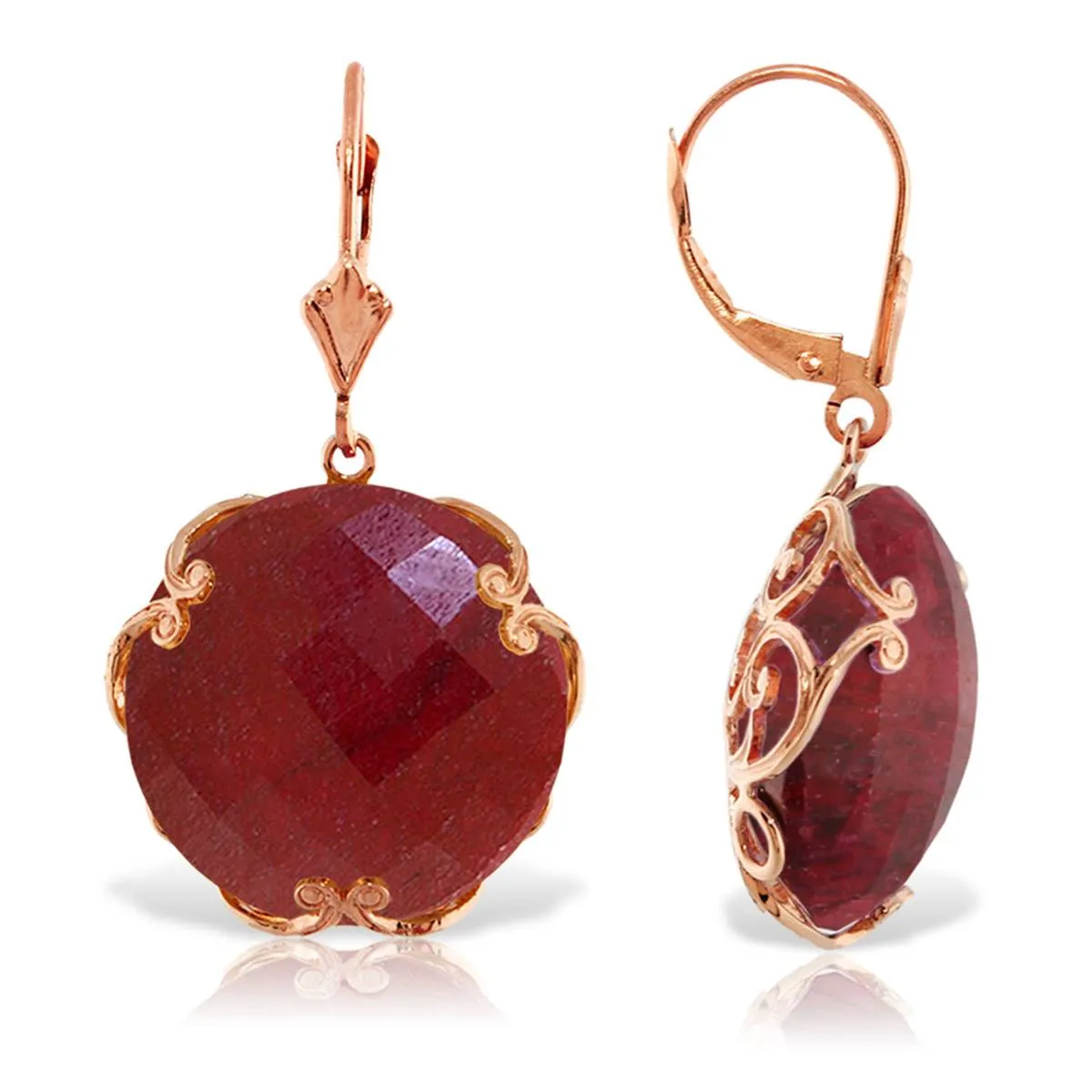 14K Solid Rose Gold Leverback Earrings w/ Checkerboard Cut Round Dyed Rubies