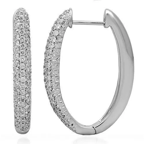 14K Solid White Gold Womens Diamond Hoop Earrings 1.00 Ctw