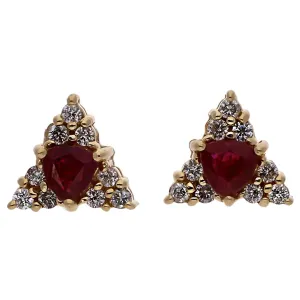 14K Yellow Gold Trillion Cut Ruby and Diamond Triangle Stud Earrings