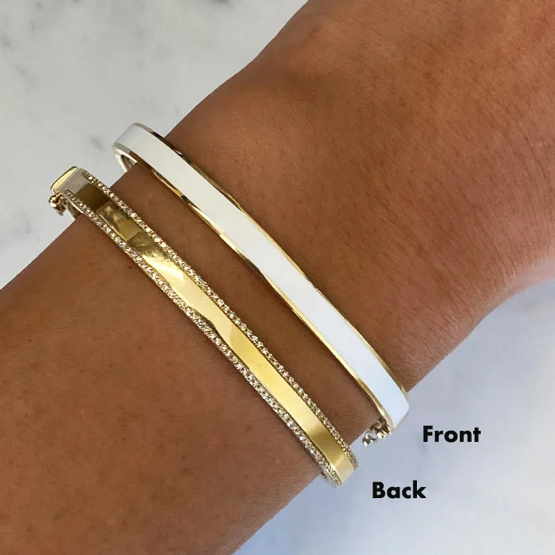 14k Yellow Gold White Enamel & Diamond Double Sided Bangle Bracelet