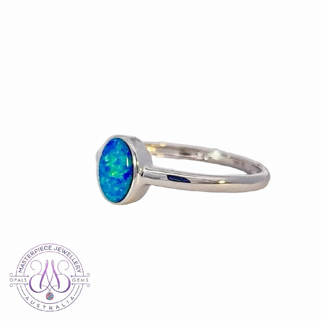 14kt White Gold Solitaire Opal doublet Blue Green bezel set ring`