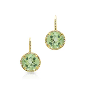 14KT Yellow Gold Green Amethyst Diamond Round Earrings