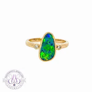 14kt Yellow Gold traingular Opal green blue doublet with diamonds ring