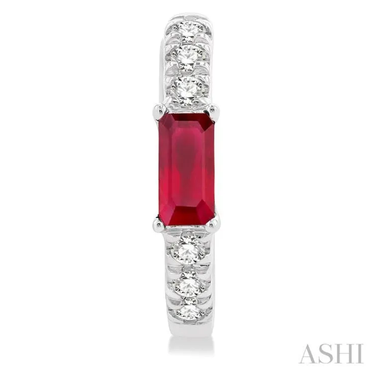 1/8 ctw Petite 4X2MM Ruby and Round Cut Diamond Fashion Huggies in 10K White Gold