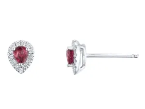 18ct White Gold 0.44ct Pear Cut Ruby And 0.13ct Diamond Halo Stud Earrings