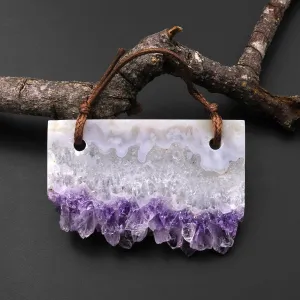 2 Hole Pendant Natural White Snowy Mountain Purple Amethyst Stalactite Rectangle Pendant Flat Slice Freeform Crystal A1