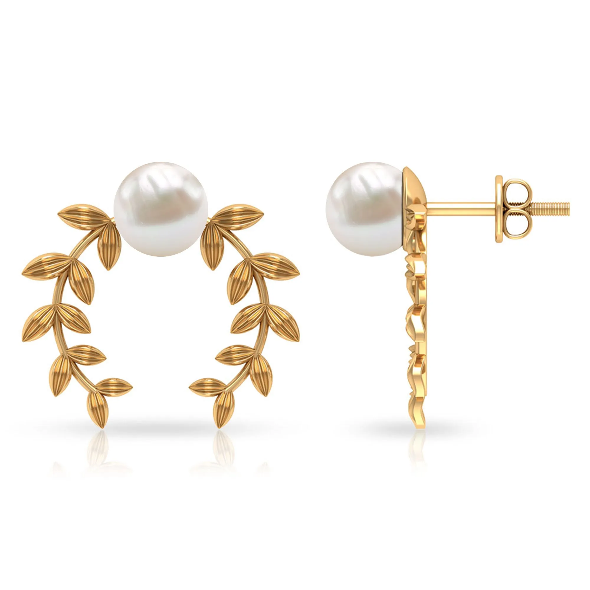 2.75 CT Freshwater Pearl Stud Earrings with Gold Leaf Motifs