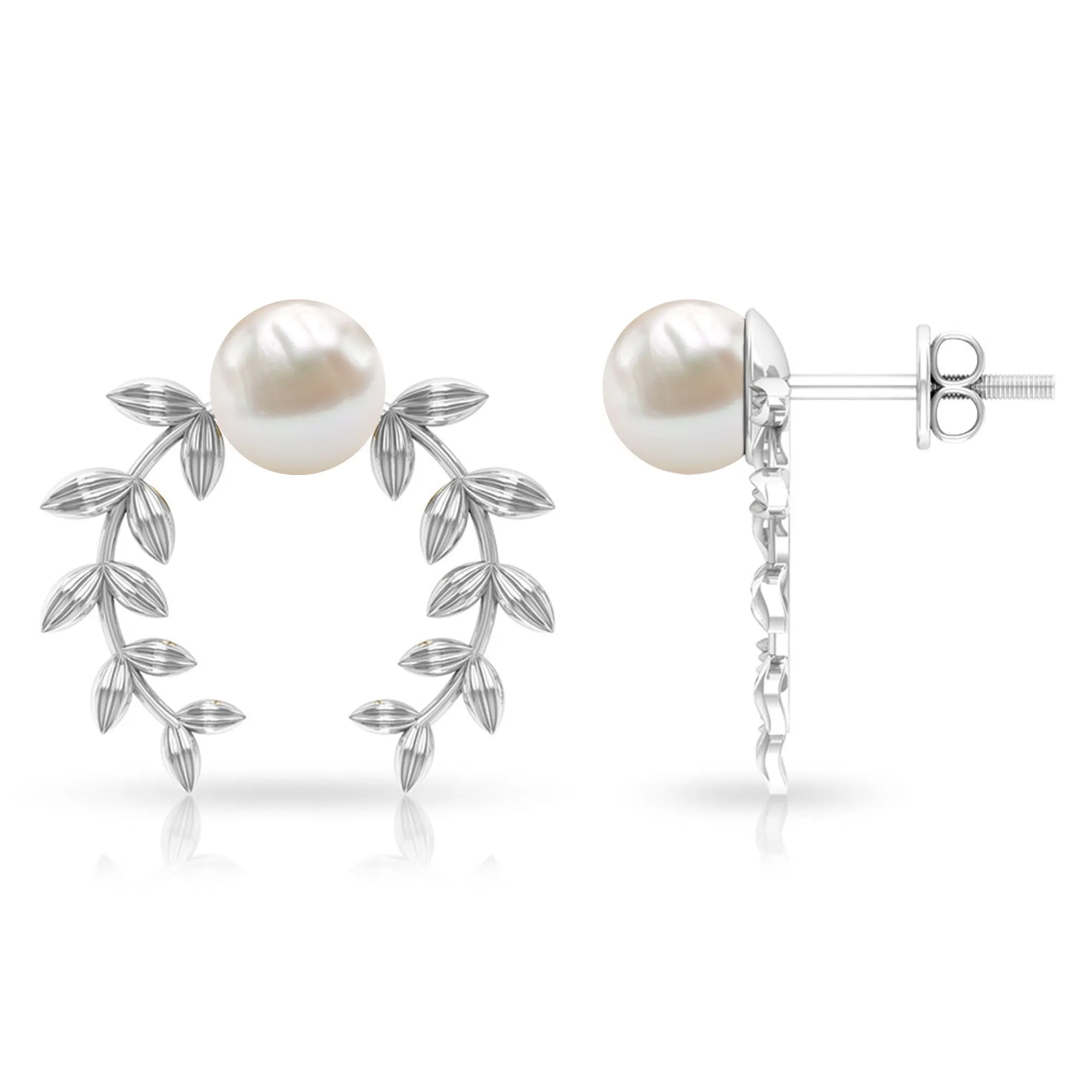 2.75 CT Freshwater Pearl Stud Earrings with Gold Leaf Motifs