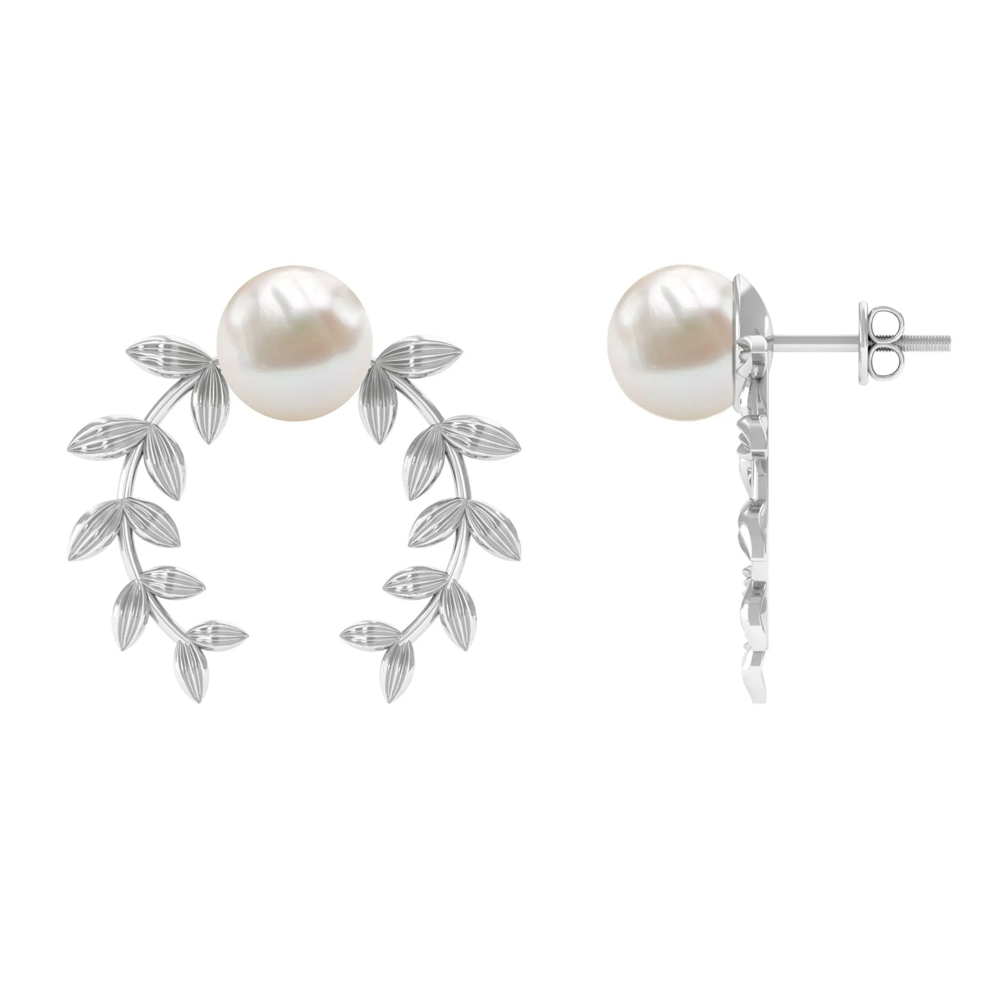 2.75 CT Freshwater Pearl Stud Earrings with Gold Leaf Motifs