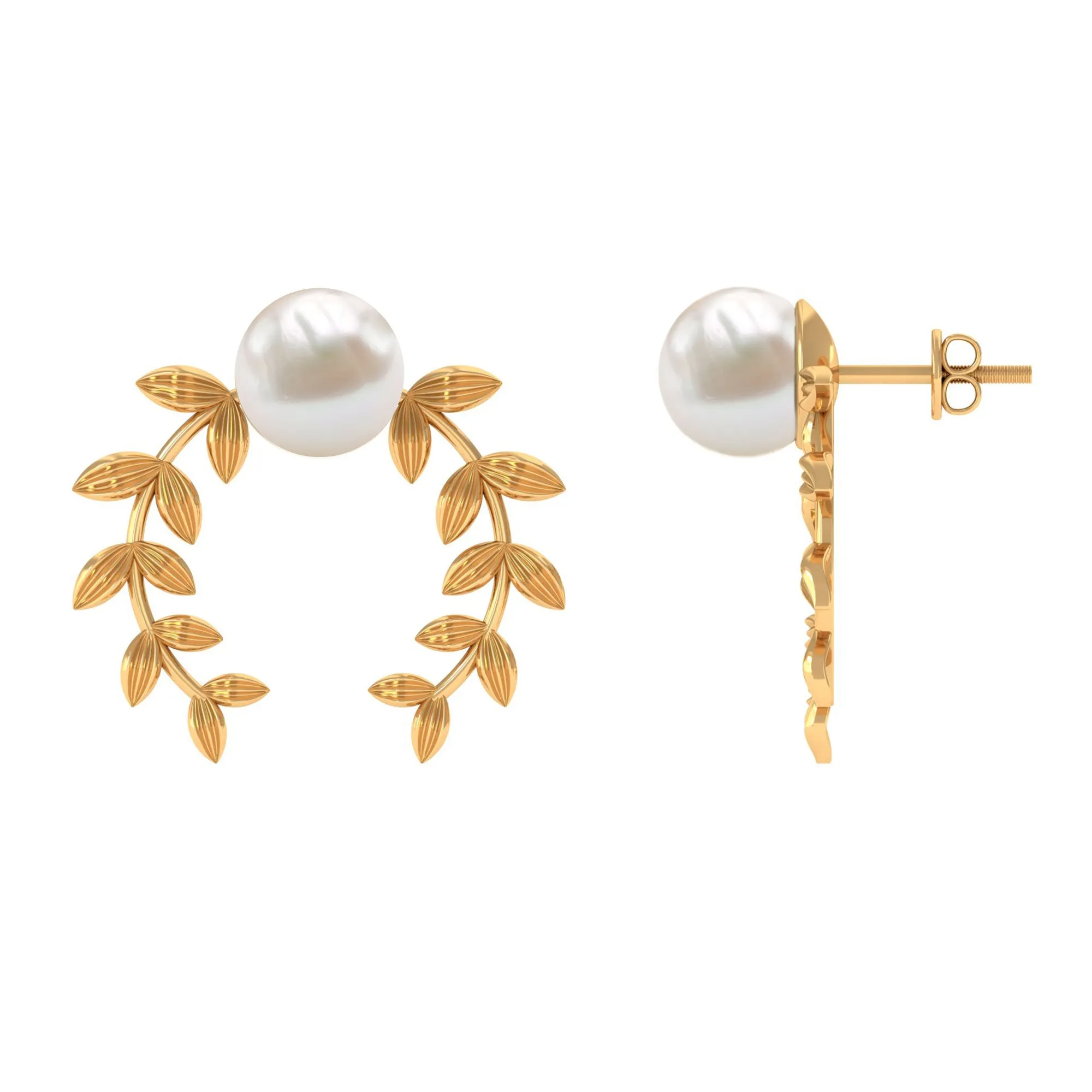 2.75 CT Freshwater Pearl Stud Earrings with Gold Leaf Motifs