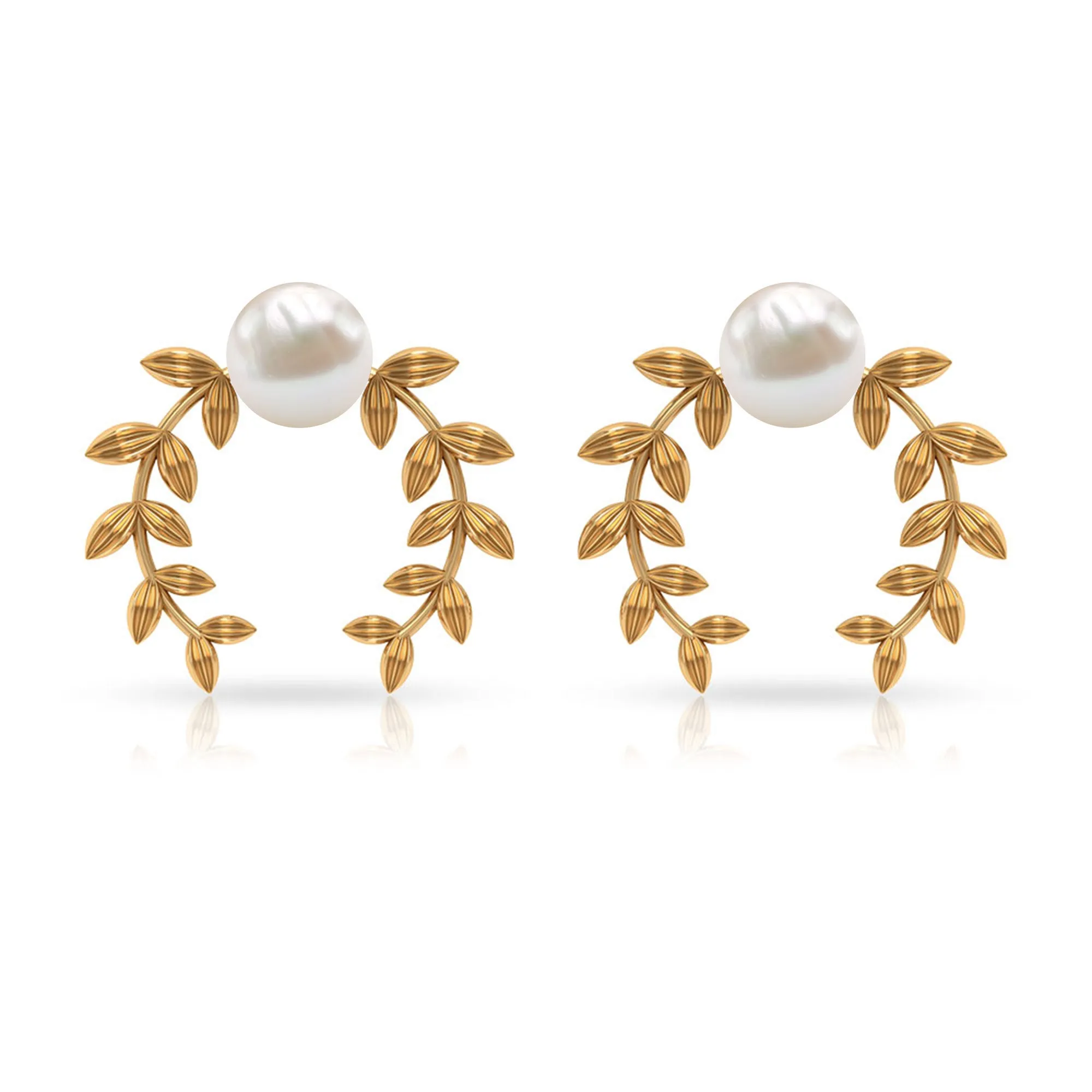 2.75 CT Freshwater Pearl Stud Earrings with Gold Leaf Motifs