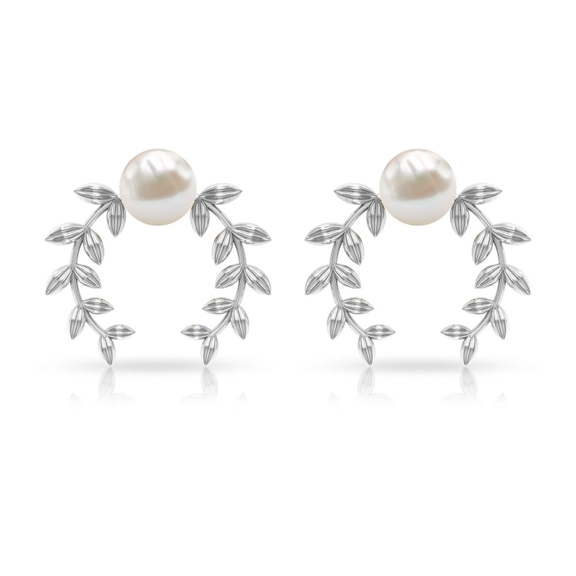 2.75 CT Freshwater Pearl Stud Earrings with Gold Leaf Motifs