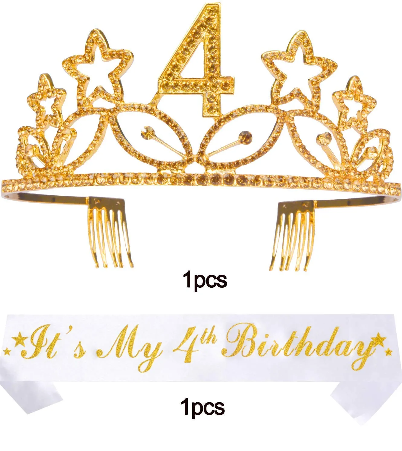 4th Birthday Gifts for Girl, 4th Birthday Tiara and Sash Gold, HAPPY 4th Birthday Party