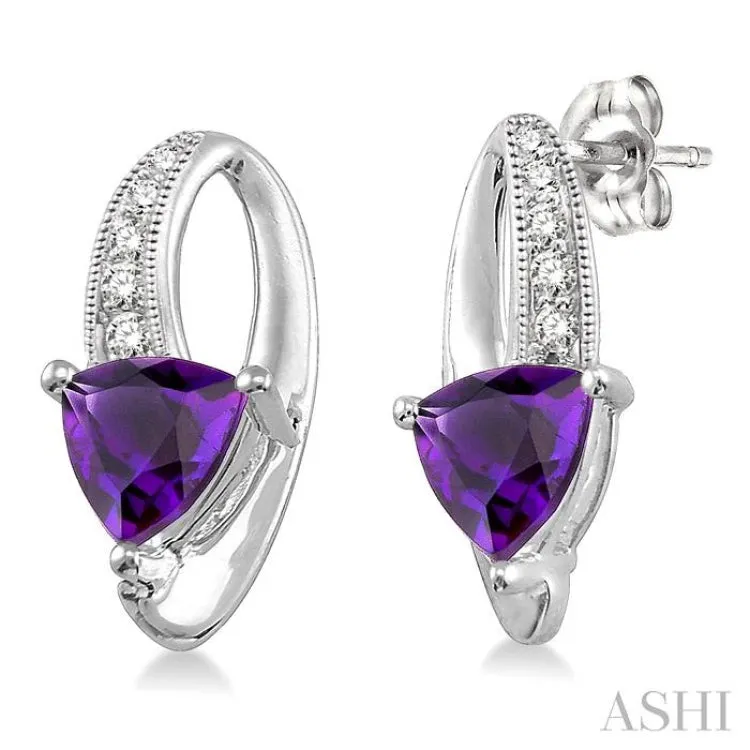 6x6mm Trillion Cut Amethyst and 1/20 Ctw Single Cut Diamond Earrings in 10K White Gold