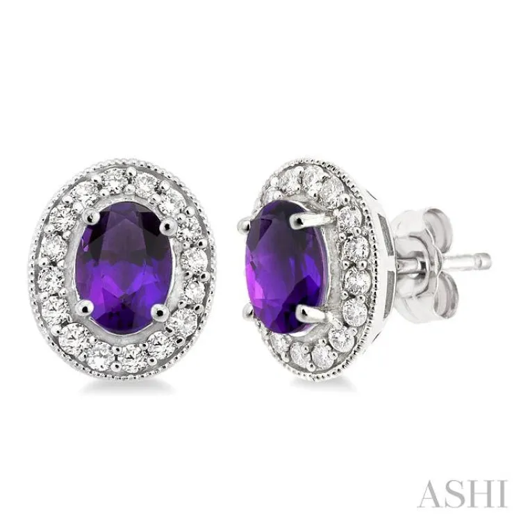 7x5 MM Oval Cut Amethyst and 3/8 Ctw Round Cut Diamond Earrings in 14K White Gold