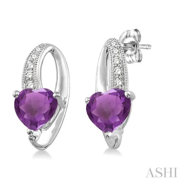 7x7  MM Heart Shape Amethyst and 1/20 ctw Single Cut Diamond Earrings in Sterling Silver