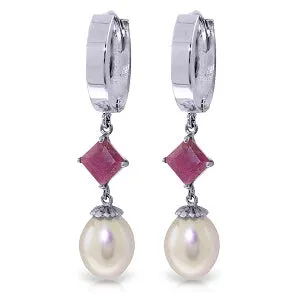 9.5 Carat 14K Solid White Gold Hoop Earrings Natural Pearl Ruby