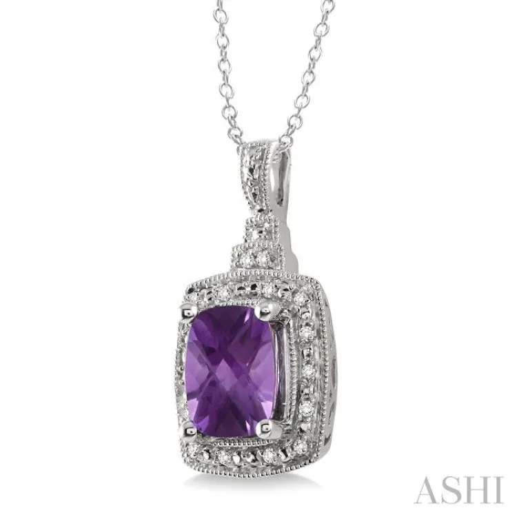 9x7MM Cushion Cut Amethyst and 1/10 Ctw Single Cut Diamond Pendant in Sterling Silver with Chain