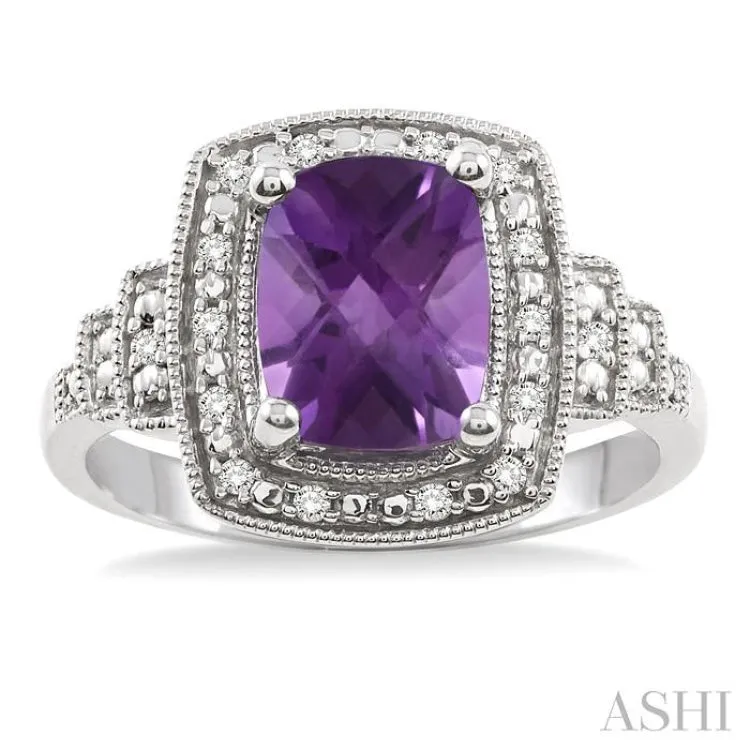 9x7MM Cushion Cut Amethyst and 1/10 Ctw Single Cut Diamond Ring in Sterling Silver