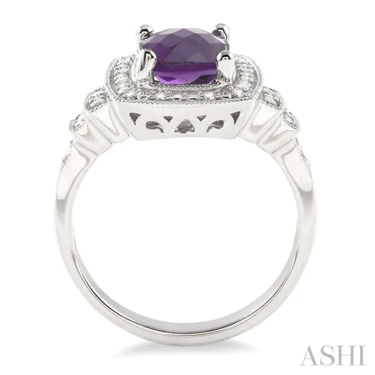 9x7MM Cushion Cut Amethyst and 1/10 Ctw Single Cut Diamond Ring in Sterling Silver