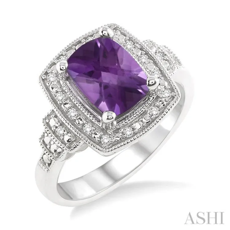 9x7MM Cushion Cut Amethyst and 1/10 Ctw Single Cut Diamond Ring in Sterling Silver