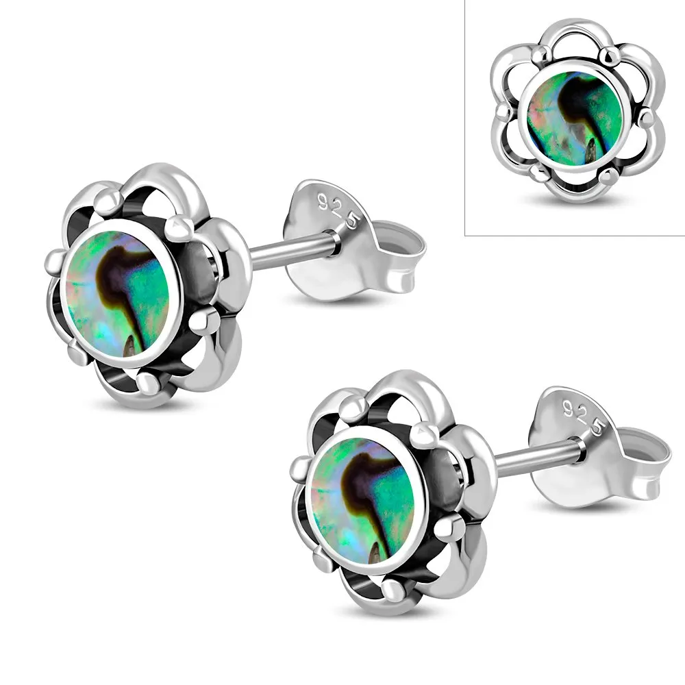 Abalone Shell Flower Stud Silver Earrings