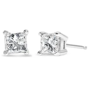 AGS Certified 1/4 Cttw Princess-Cut Square Diamond 4-Prong Solitaire Stud Earrings in 14K White Gold (G-H Color, I1-I2 Clarity)