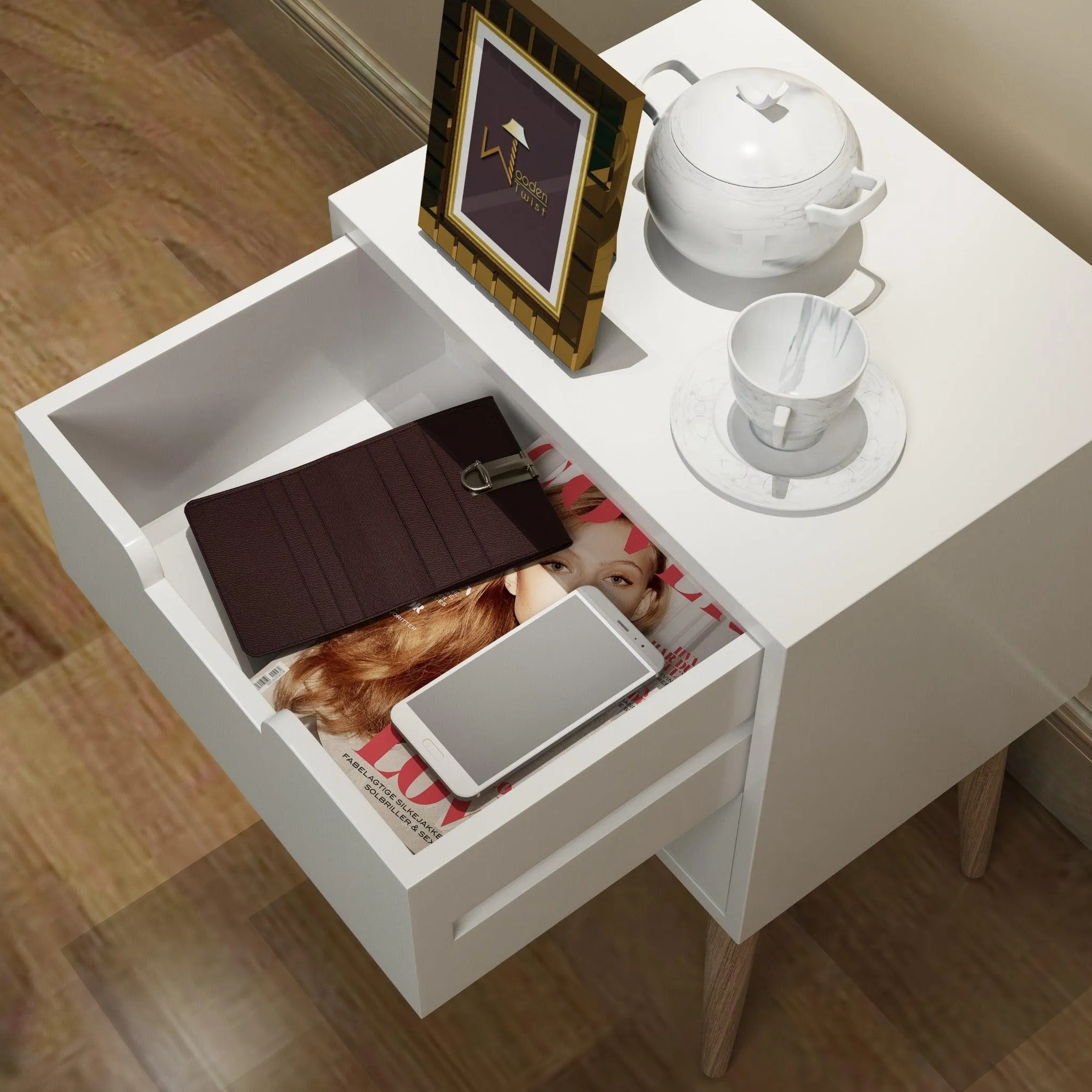 Amazing Bedside Table with Two Drawers (White)