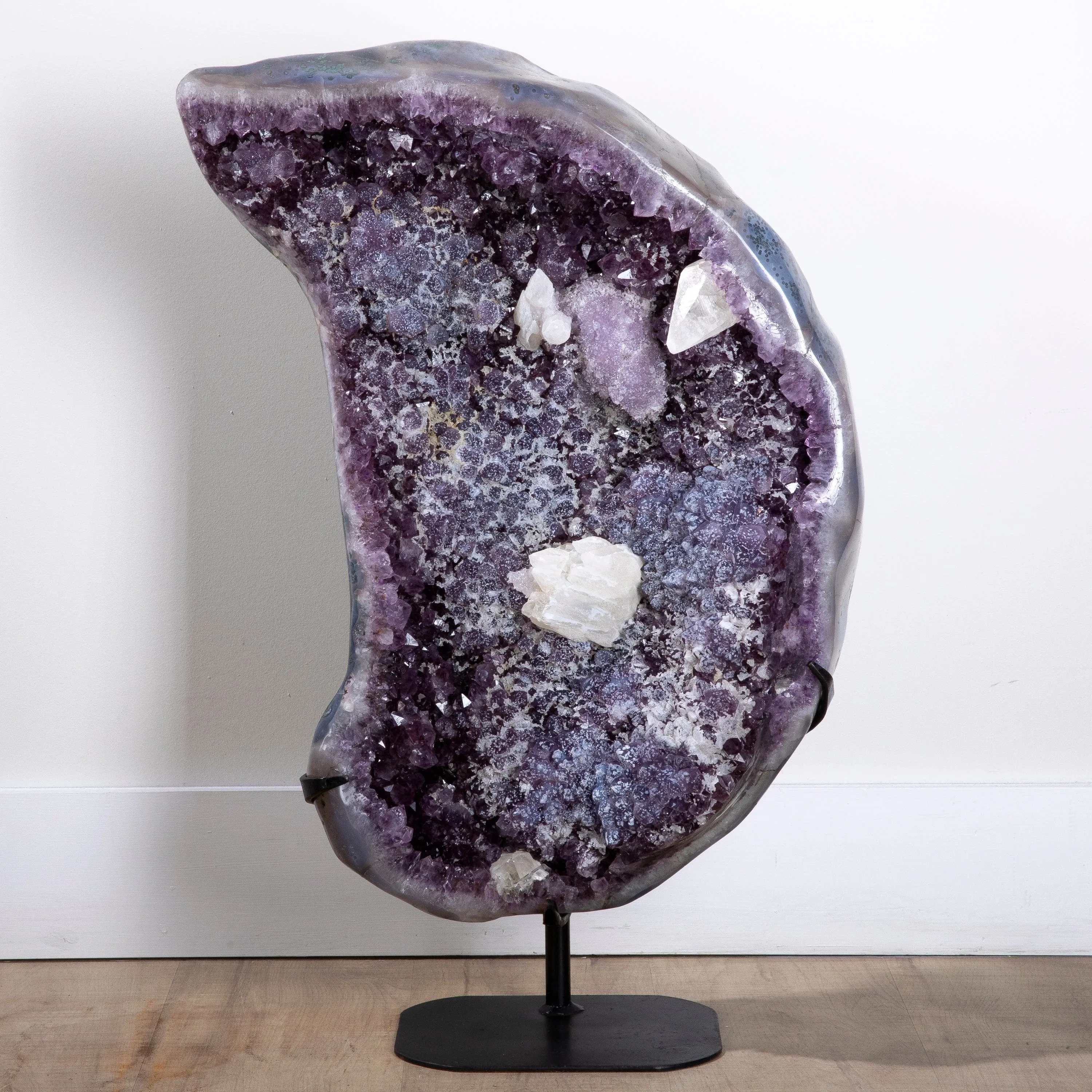 Amethyst Geode (Naturally formed Moon) with Calcite on Custom Stand- 30" / 90lbs