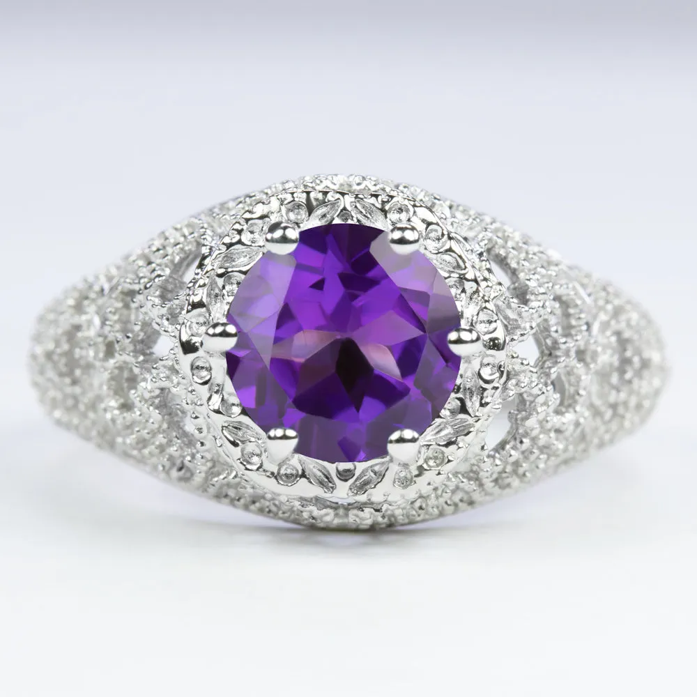 AMETHYST STERLING SILVER RING VINTAGE STYLE FILIGREE ROUND CUT ART DECO GEMSTONE